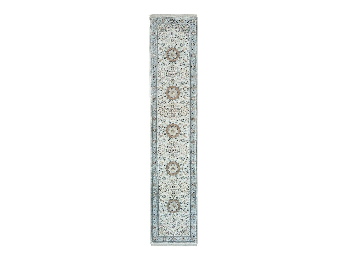 Nain Fine Oriental hand-knotted wool runner in Ivory & Blue, 2'8" x 13' — SKU O090028