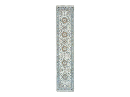 Nain Fine Oriental hand-knotted wool runner in Ivory & Blue, 2'8" x 13' — SKU O090028