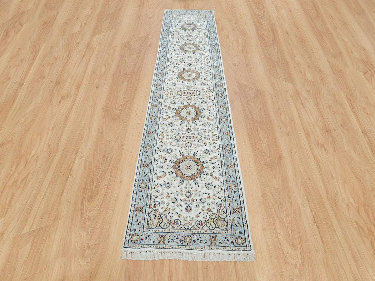 Nain Fine Oriental hand-knotted wool runner in Ivory & Blue, 2'8" x 13' — SKU O090028 (view 2)