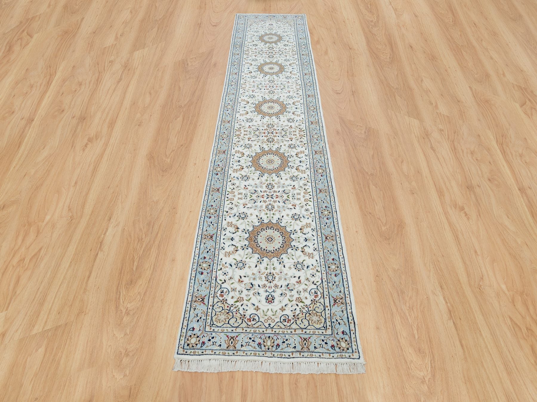 Nain Fine Oriental hand-knotted wool runner in Ivory & Blue, 2'8" x 13' — SKU O090028 (view 2)
