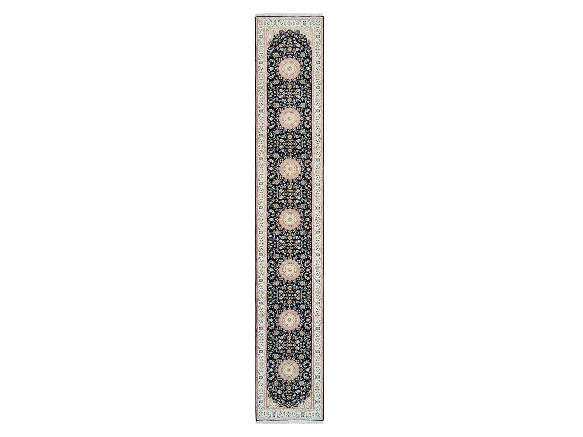 Nain Fine Oriental hand-knotted wool runner in Blue & Ivory, 2'8" x 15'10" — SKU O090034