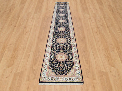 Blue 2'8" x 18'5" Fine Oriental Hand knotted Wool Rug - Sku: O090065