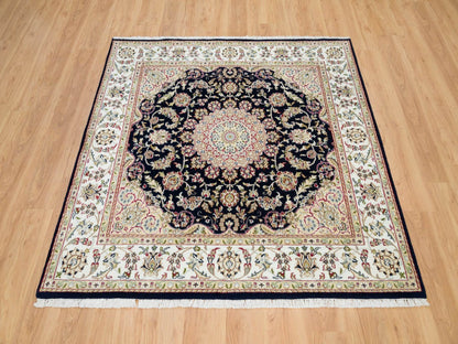 Blue 6'3" x 6'0" Fine Oriental Hand knotted Wool Rug - Sku: O090069