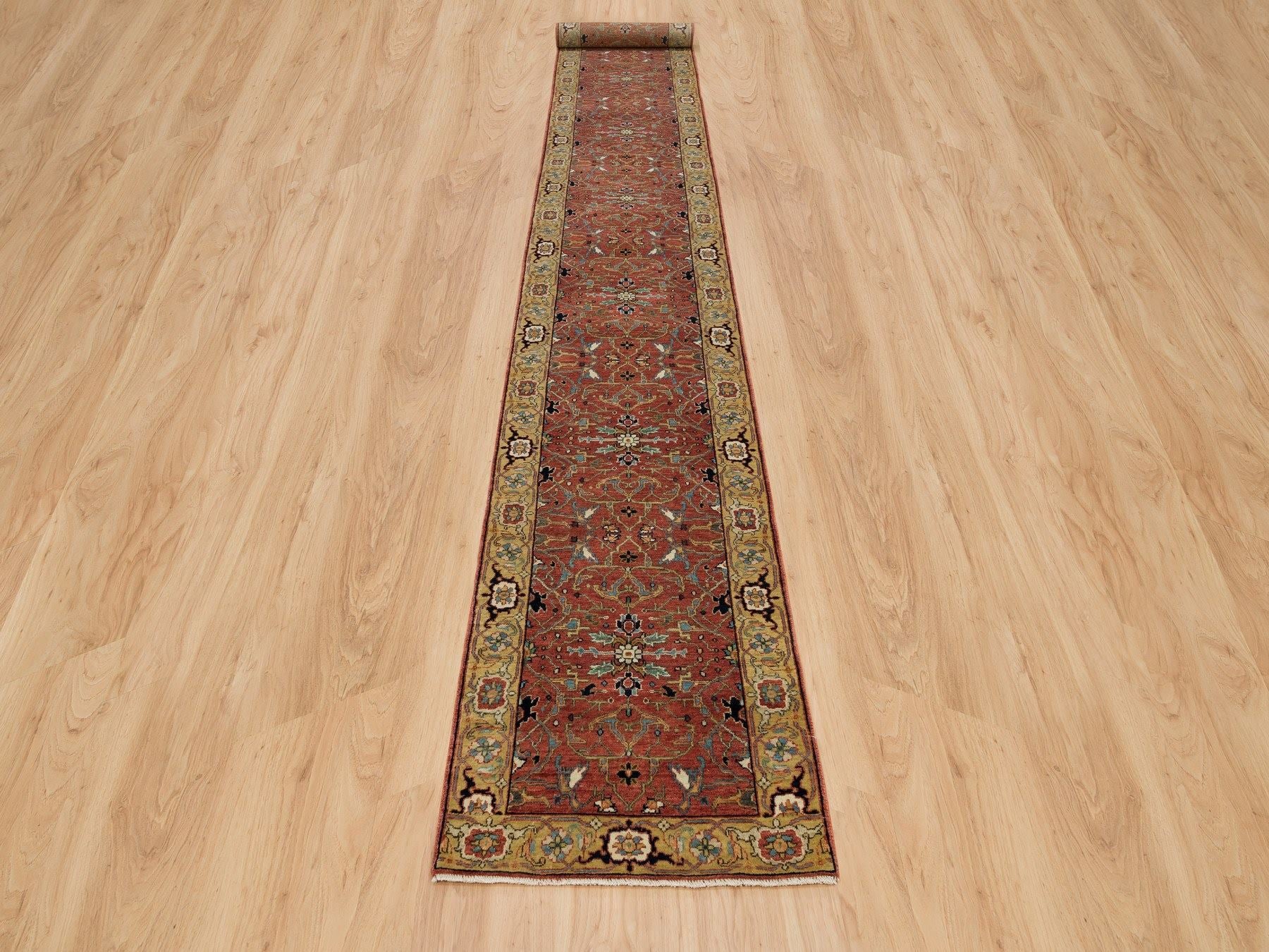 Heriz Heriz hand-knotted wool runner in Red & Gold, 2'6" x 20' — SKU O090093 (view 2)