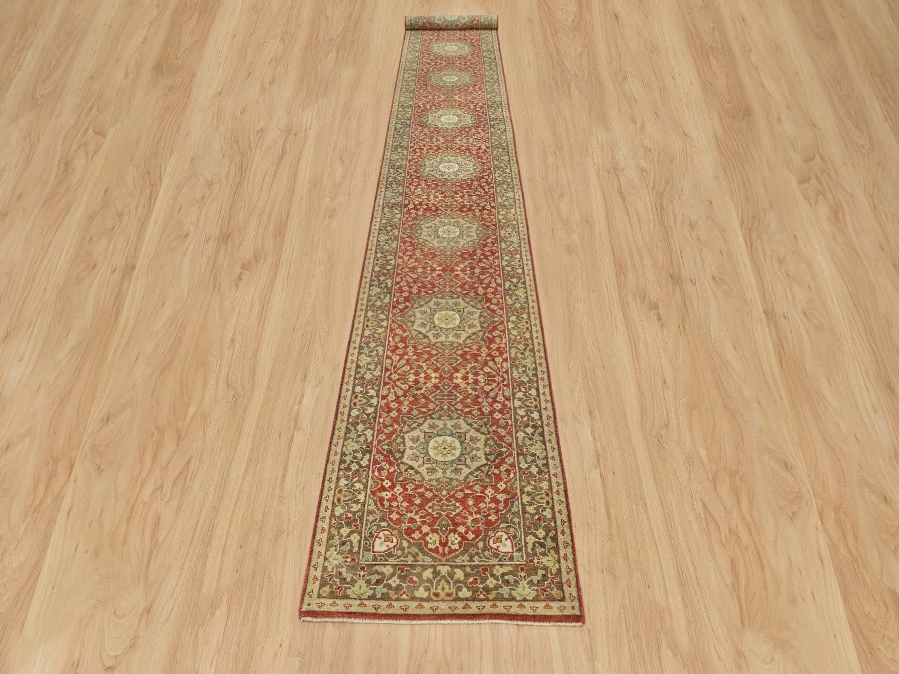 Tabriz Fine Oriental hand-knotted wool runner in Red & Brown, 2'7" x 18' — SKU O090107 (view 2)