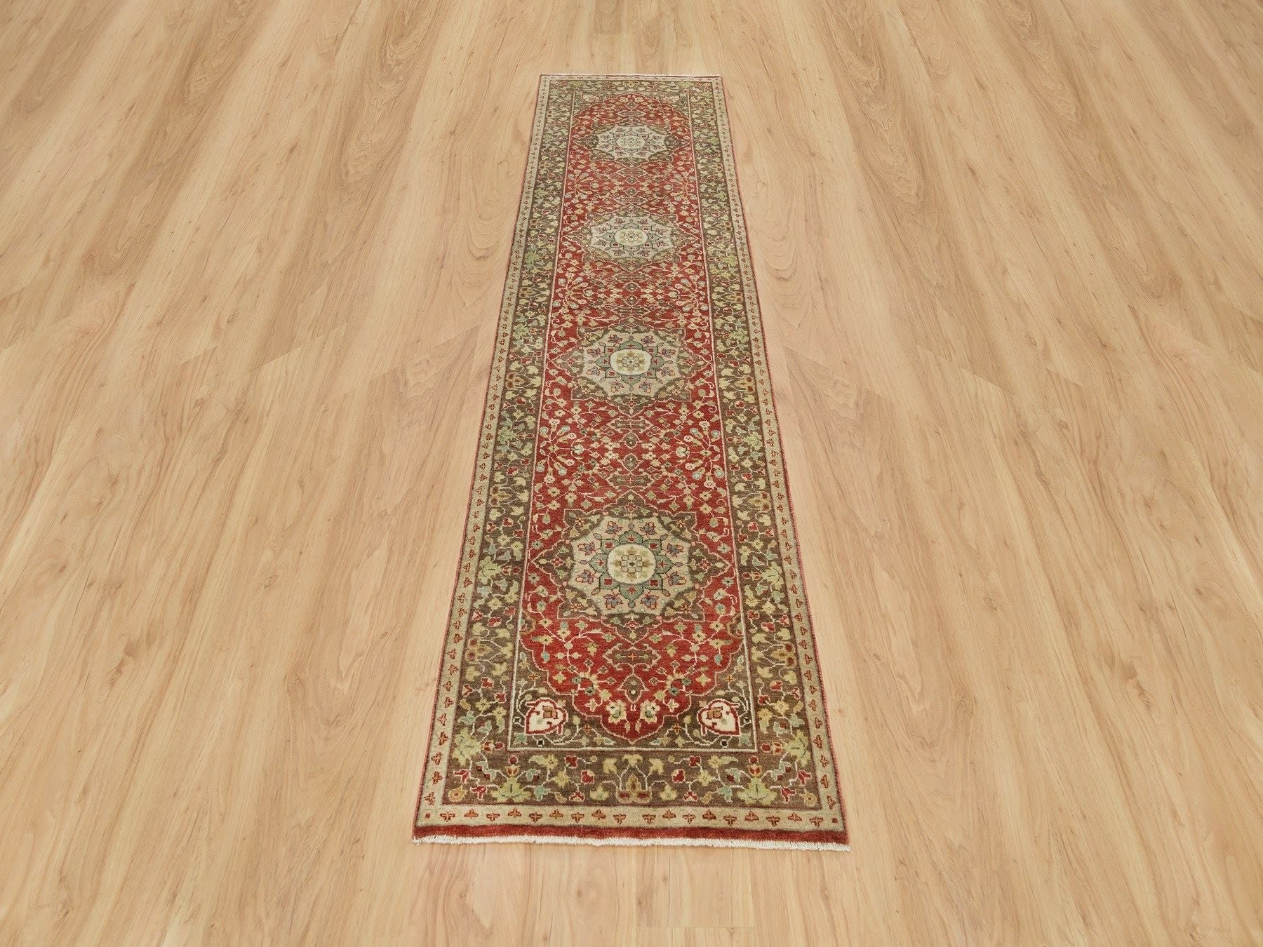 Tabriz Fine Oriental hand-knotted wool runner in Red & Brown, 2'6" x 10'1" — SKU O090113 (view 2)