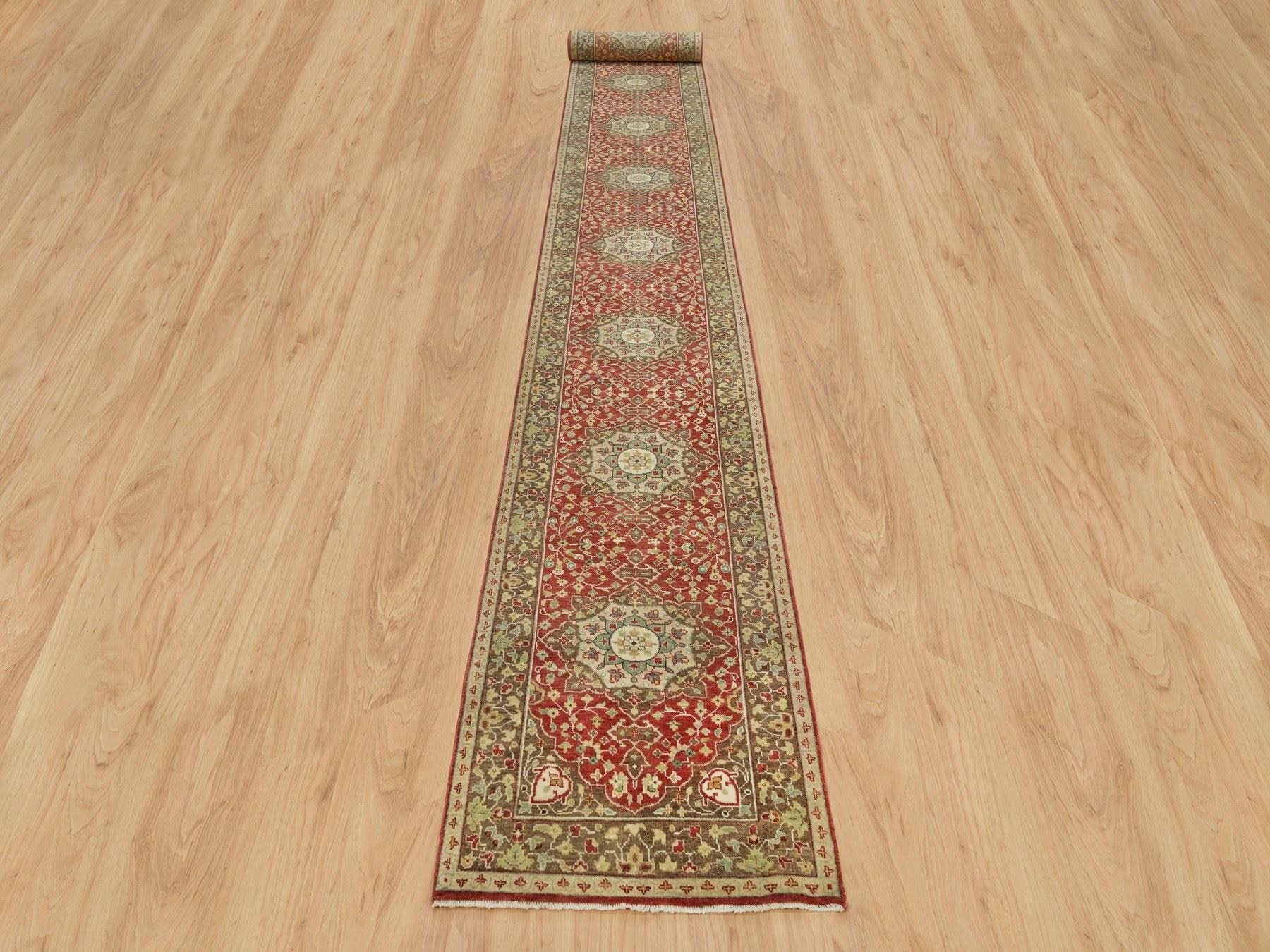 Tabriz Fine Oriental hand-knotted wool runner in Red & Brown, 2'7" x 22' — SKU O090116 (view 2)