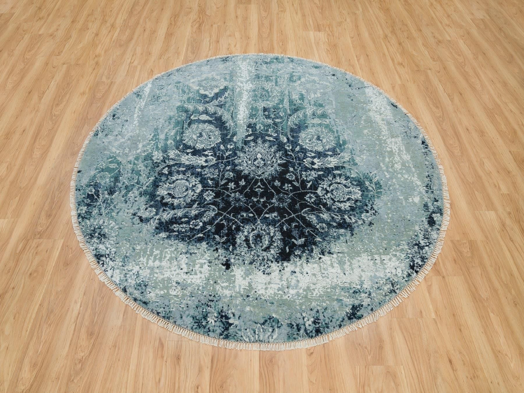 Tabriz Transitional hand-knotted wool/silk rug in Blue, 6'11" x 6'11" — SKU O090131 (view 2)