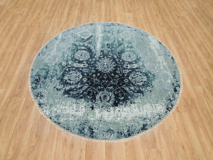 Blue 6'11" x 6'11" Transitional Hand knotted Wool/Silk Rug - Sku: O090131