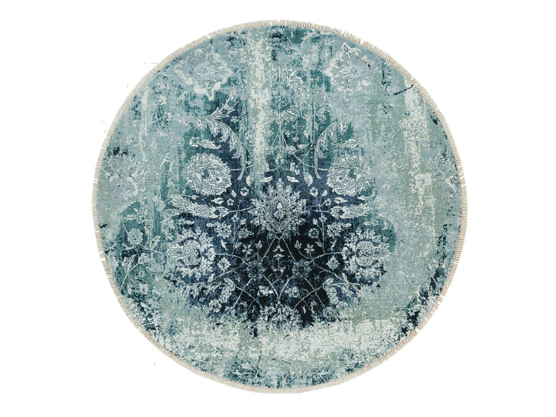 Blue 6'0" x 6'0" Transitional Hand knotted Wool/Silk Rug - Sku: O090132