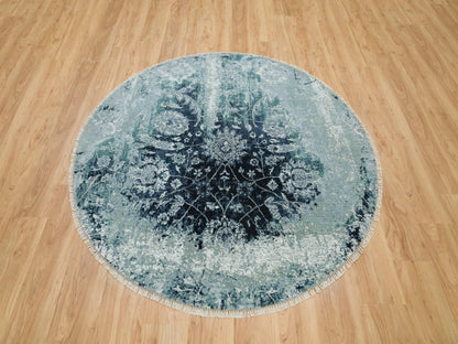 Blue 6'0" x 6'0" Transitional Hand knotted Wool/Silk Rug - Sku: O090132
