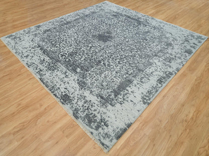 Grey 9'10" x 10'1" Transitional Hand knotted Wool/Silk Rug - Sku: O090134