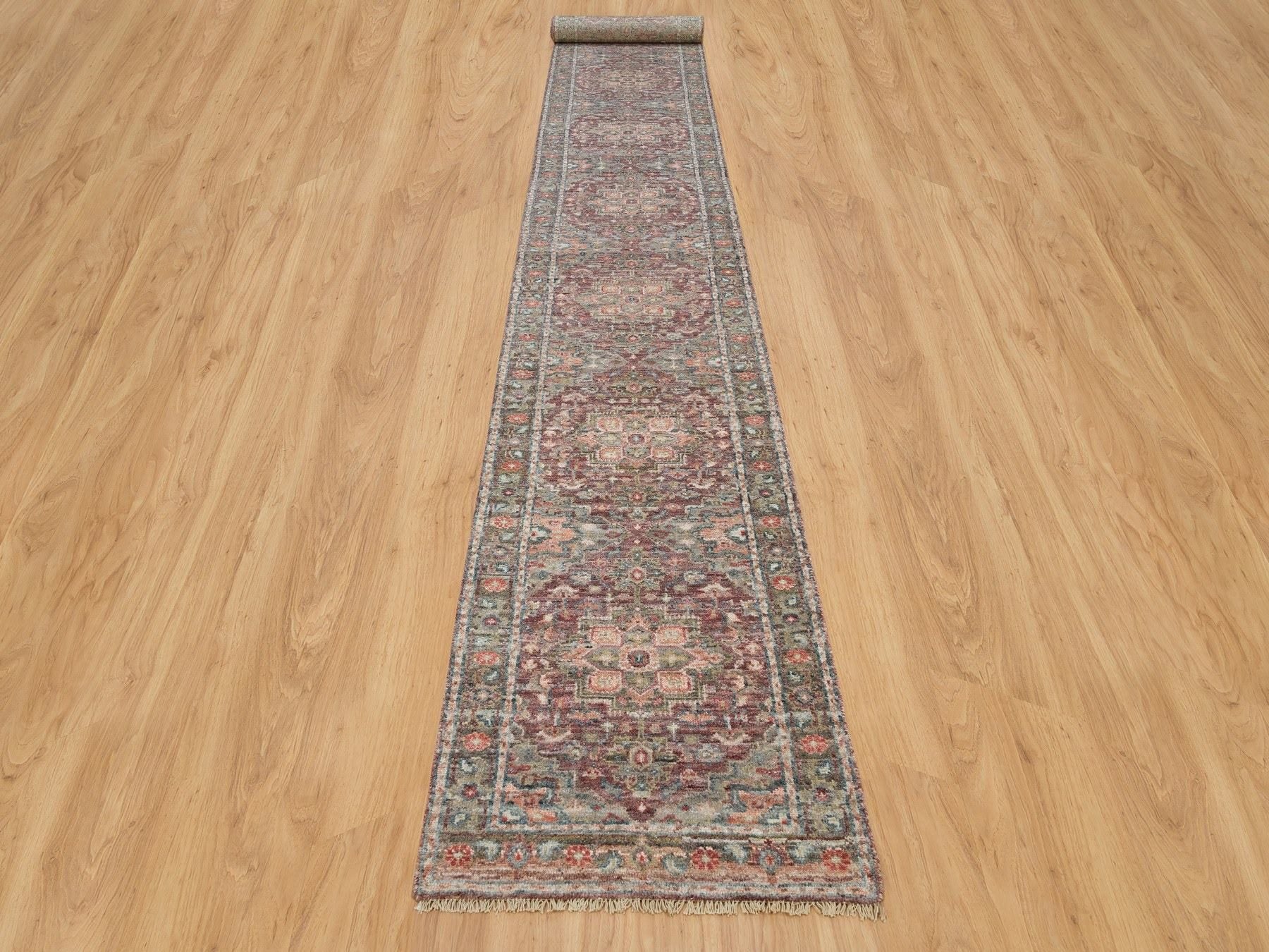 Heriz Tribal & Geometric hand-knotted wool runner in Red & Gray, 2'6" x 19'8" — SKU O090143 (view 2)