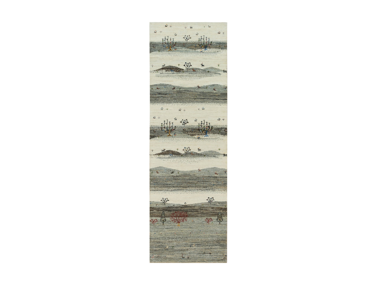 Gabbeh Modern / Contemporary hand-knotted wool runner in Ivory, 2'7" x 8' — SKU O090155
