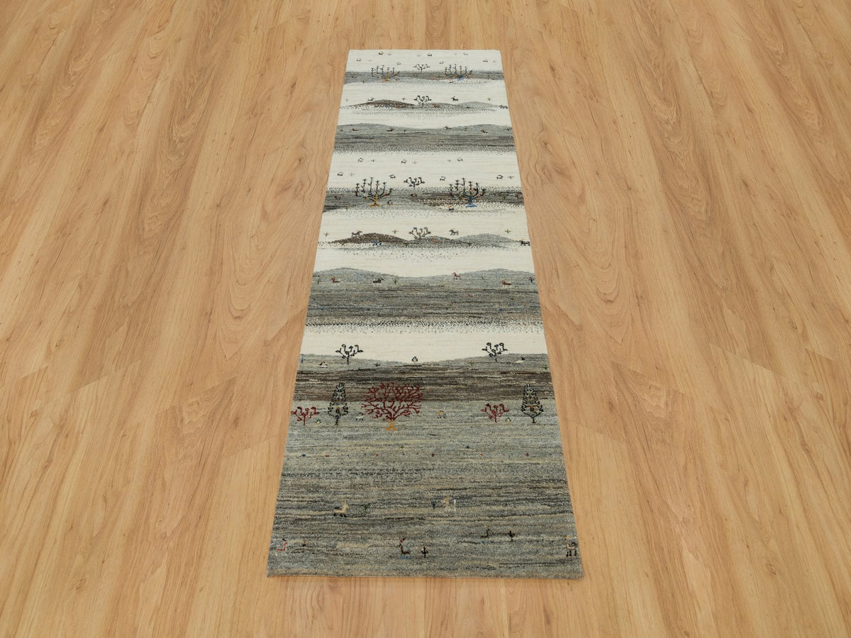 Gabbeh Modern / Contemporary hand-knotted wool runner in Ivory, 2'7" x 8' — SKU O090155 (view 2)