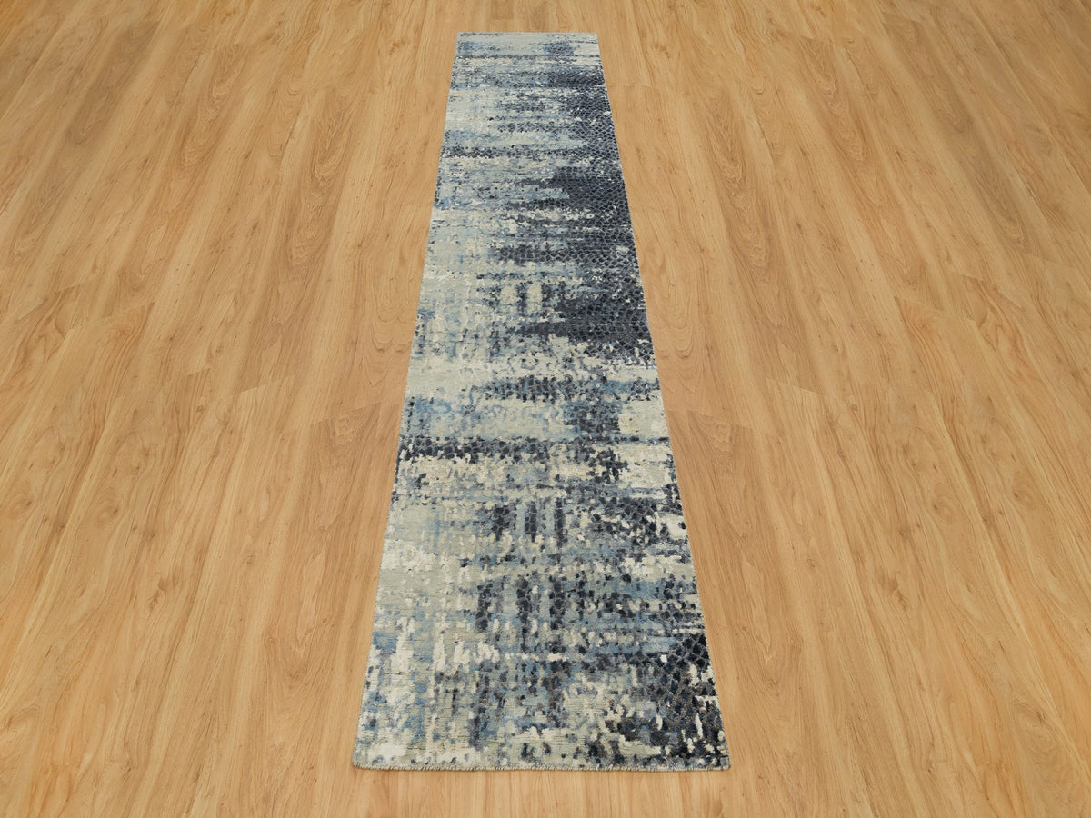 Modern / Contemporary hand-knotted wool/silk runner in Gray, 2'6" x 12' — SKU O090198 (view 2)