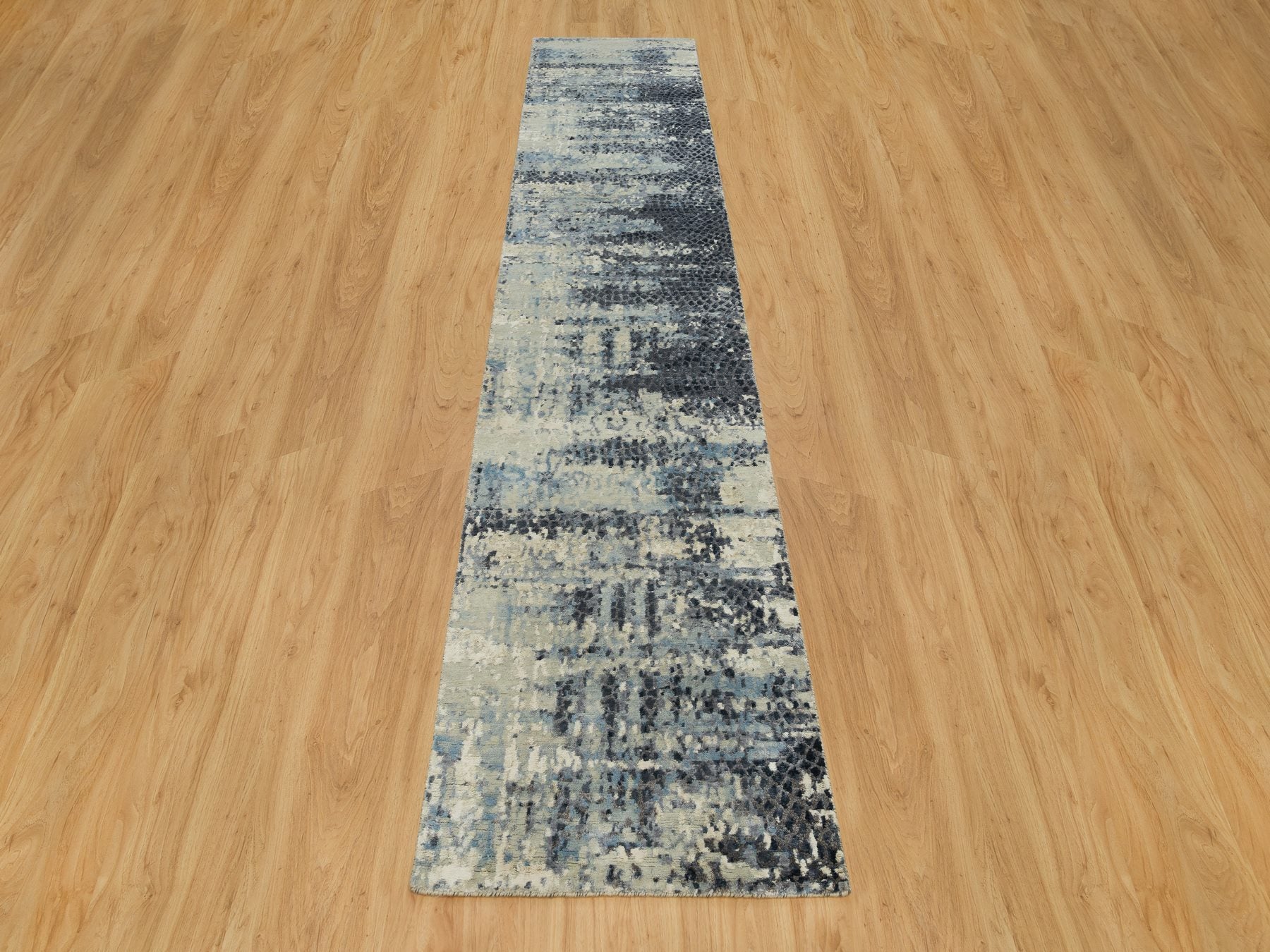 Modern / Contemporary hand-knotted wool/silk runner in Gray, 2'6" x 12' — SKU O090198 (view 2)