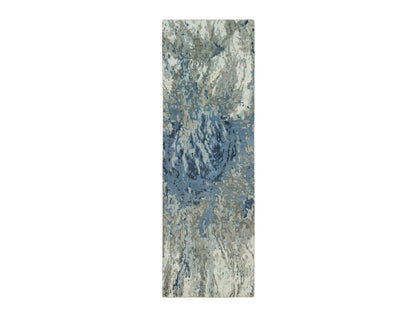 Blue 2'6" x 7'11" Modern and Contemporary Hand knotted Wool/Silk Rug - Sku: O090199