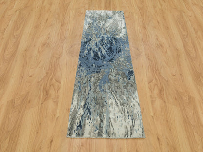 Blue 2'6" x 7'11" Modern and Contemporary Hand knotted Wool/Silk Rug - Sku: O090199