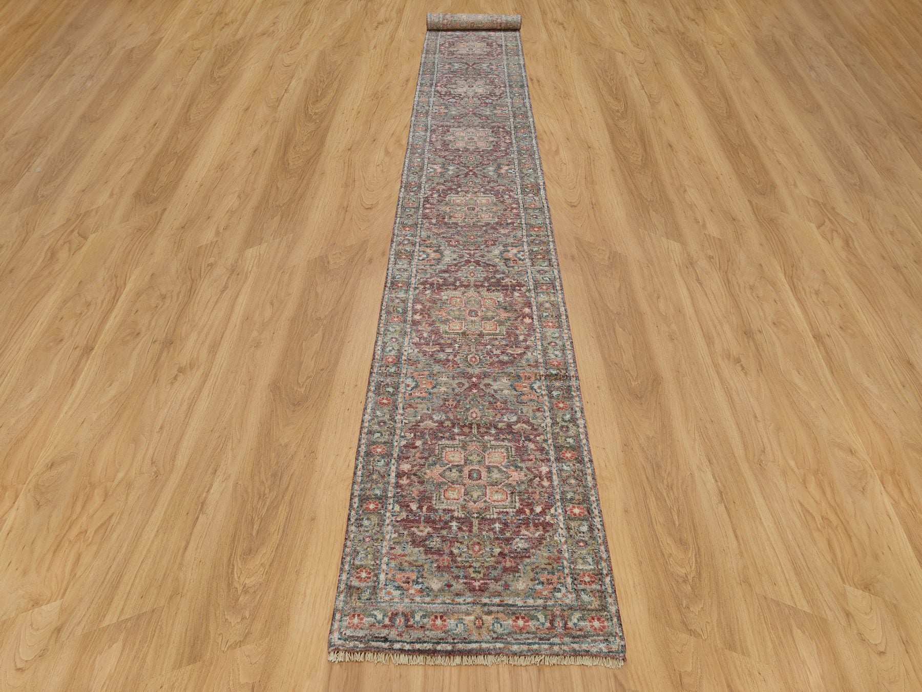 Heriz Tribal & Geometric hand-knotted wool runner in Red & Gray, 2'6" x 17'11" — SKU O090203 (view 2)