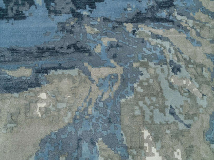 Blue 11'10" x 11'10" Modern and Contemporary Hand knotted Wool/Silk Rug - Sku: O090214