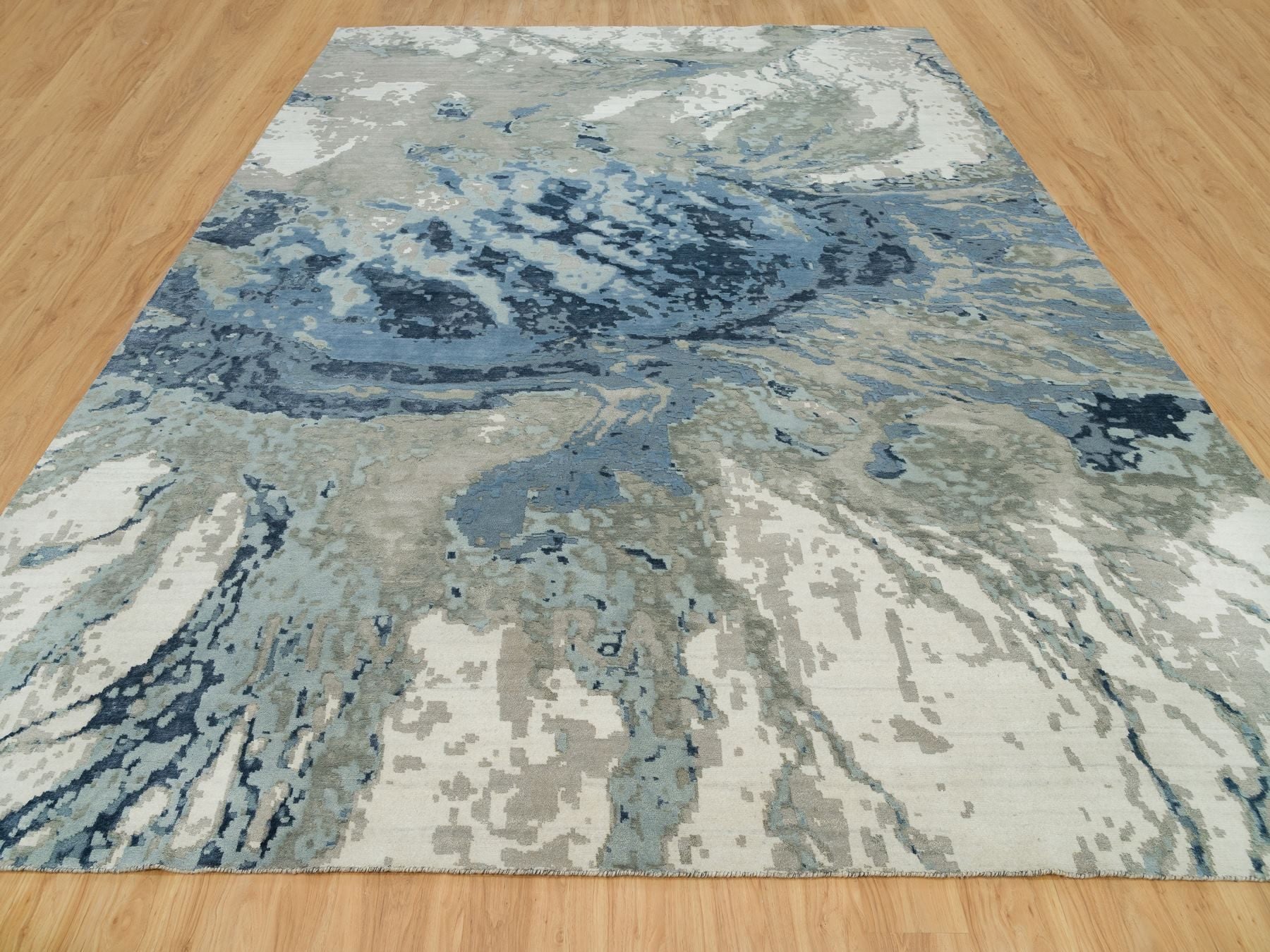 Blue 11'11" x 15'3" Modern and Contemporary Hand knotted Wool/Silk Rug - Sku: O090216