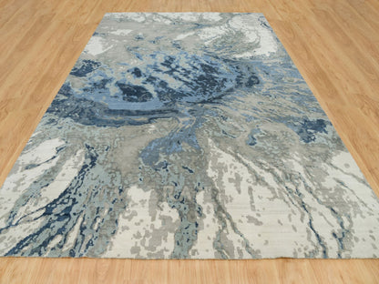 Blue 9'11" x 14'1" Modern and Contemporary Hand knotted Wool/Silk Rug - Sku: O090218
