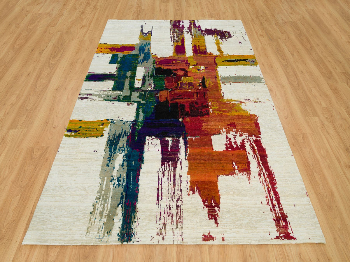 Modern / Contemporary hand-knotted wool/silk rug in Multicolored, 6'1" x 9' — SKU O090234 (view 2)
