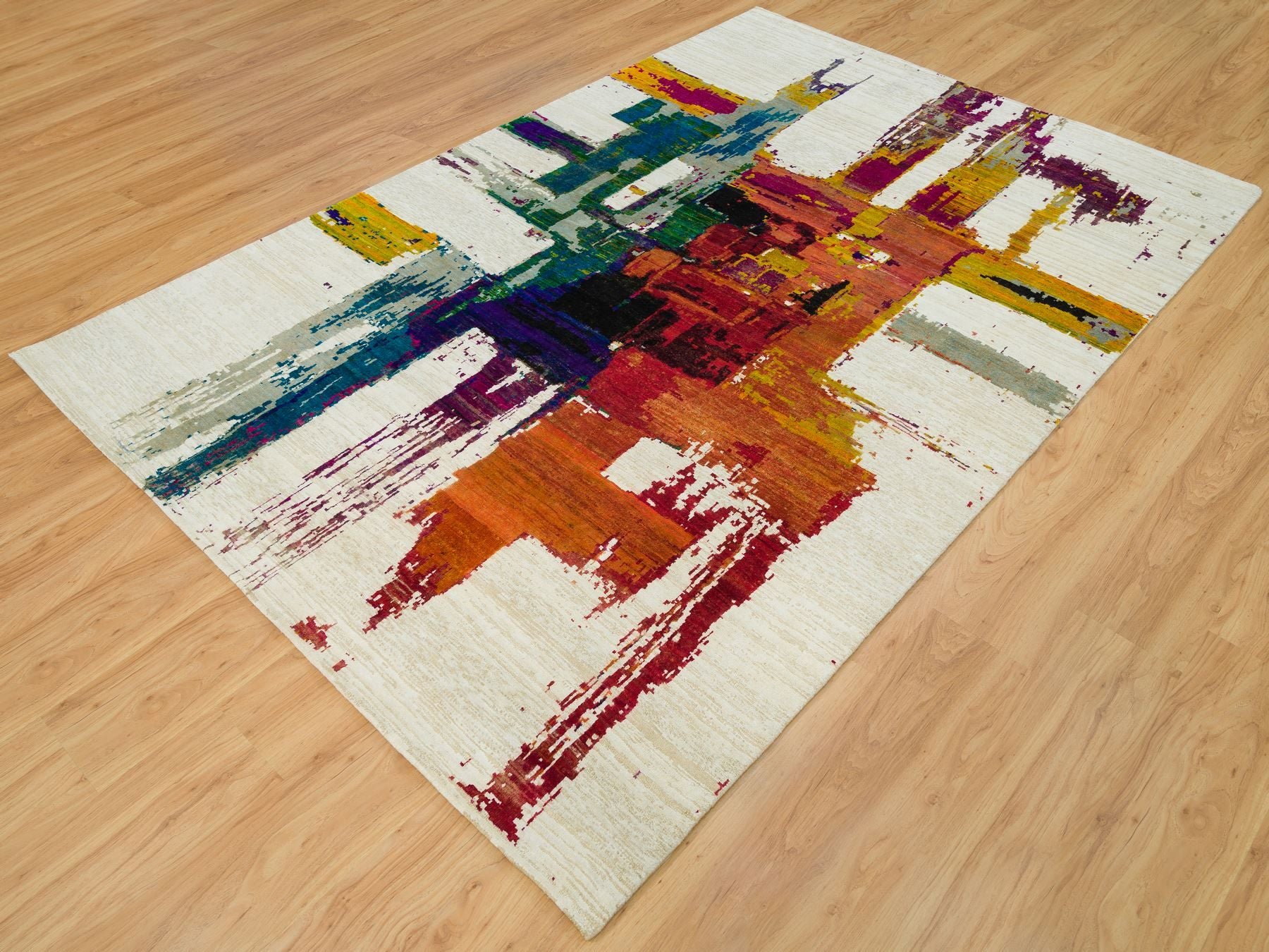 Modern / Contemporary hand-knotted wool/silk rug in Multicolored, 6'1" x 9' — SKU O090234 (view 3)