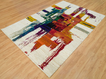 Modern / Contemporary hand-knotted wool/silk rug in Multicolored, 6'1" x 9' — SKU O090234 (view 3)
