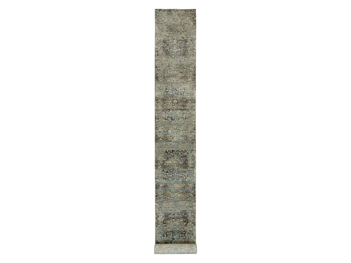 Transitional hand-knotted wool/silk runner in Brown, 2'8" x 23'10" — SKU O090239