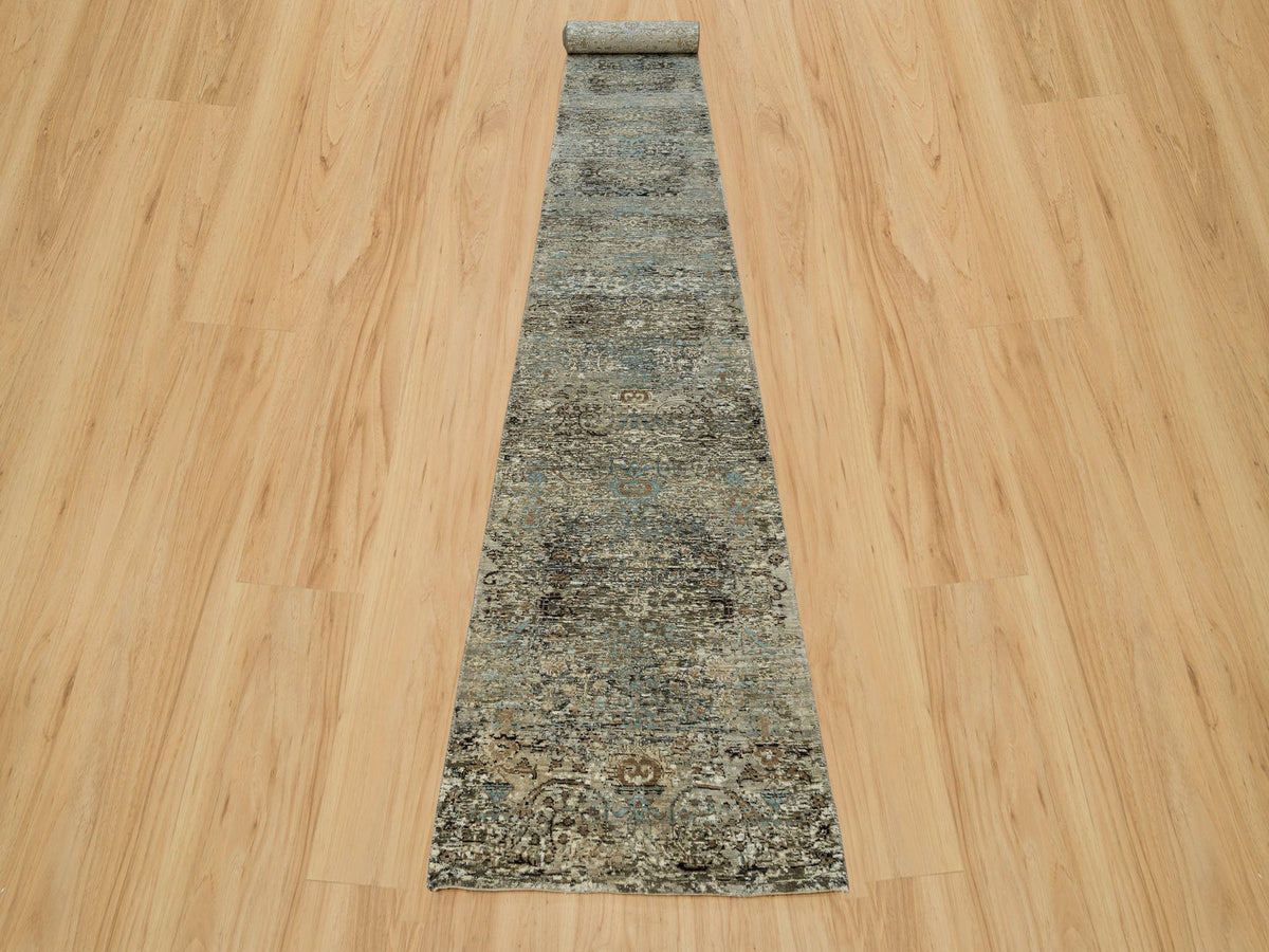 Transitional hand-knotted wool/silk runner in Brown, 2'8" x 23'10" — SKU O090239 (view 2)
