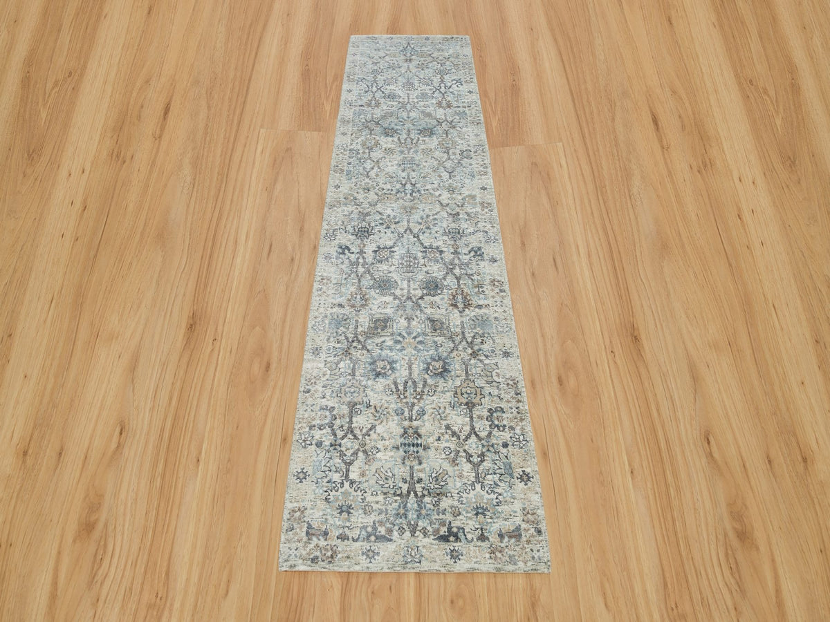 Tabriz Transitional hand-knotted silk runner in Ivory, 2'6" x 9'10" — SKU O090243 (view 2)