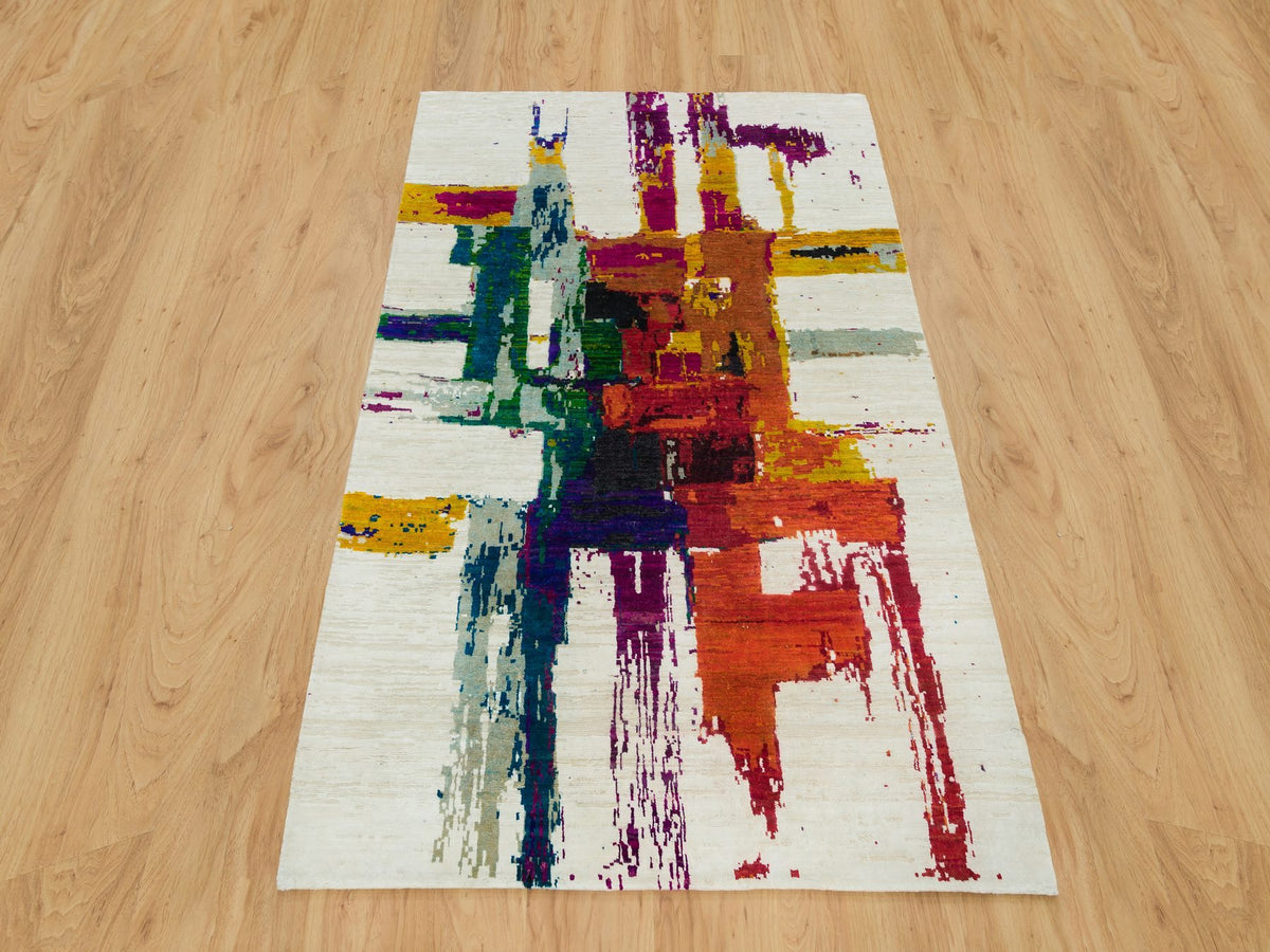 Modern / Contemporary hand-knotted wool/silk rug in Multicolored, 4' x 5'10" — SKU O090249 (view 2)