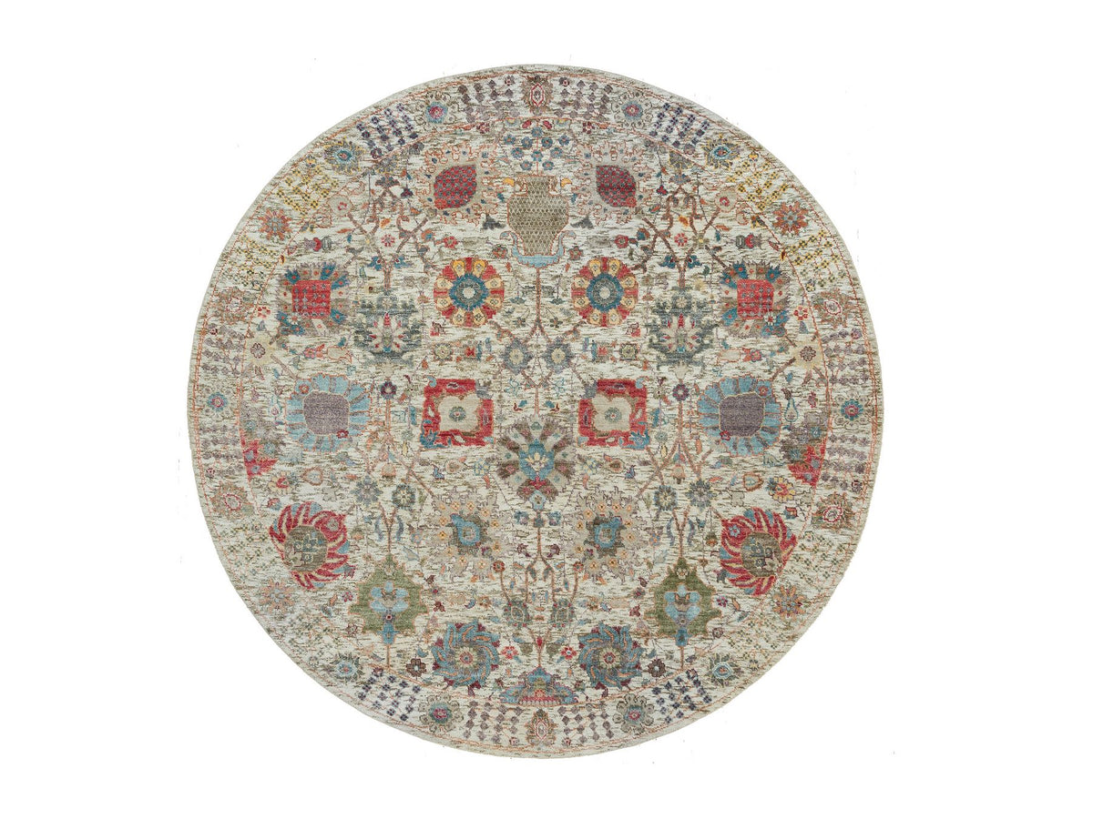 Tabriz Transitional hand-knotted wool/silk rug in Ivory, 6' x 6' — SKU O090258