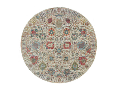 Tabriz Transitional hand-knotted wool/silk rug in Ivory, 6' x 6' — SKU O090258