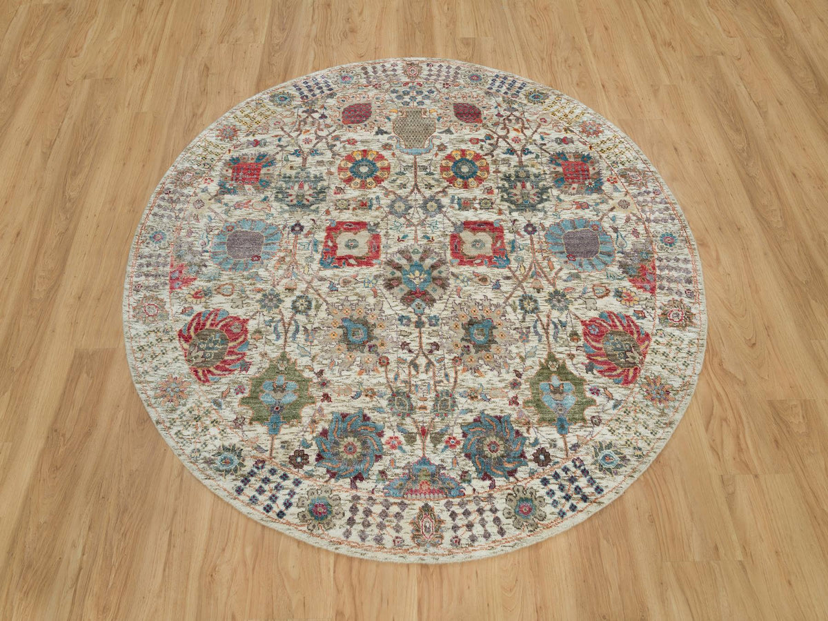 Tabriz Transitional hand-knotted wool/silk rug in Ivory, 6' x 6' — SKU O090258 (view 2)