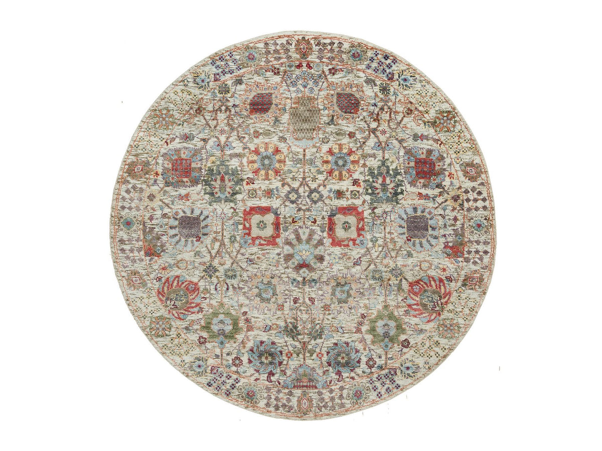 Tabriz Transitional hand-knotted wool/silk rug in Ivory, 5' x 5' — SKU O090259