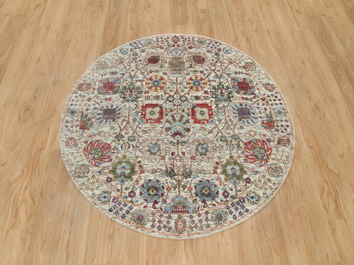 Tabriz Transitional hand-knotted wool/silk rug in Ivory, 5' x 5' — SKU O090259 (view 2)