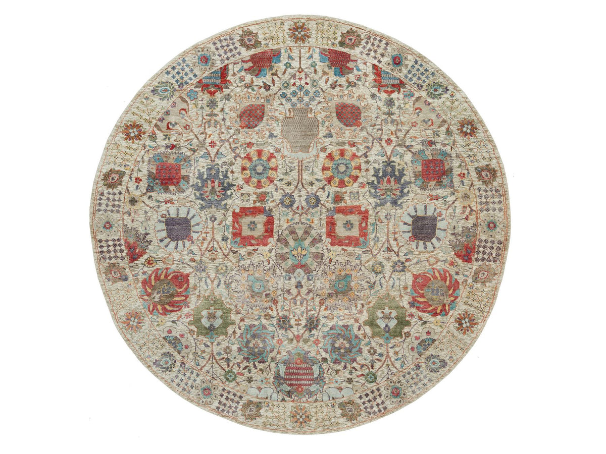 Tabriz Transitional hand-knotted wool/silk rug in Ivory, 8' x 8' — SKU O090261