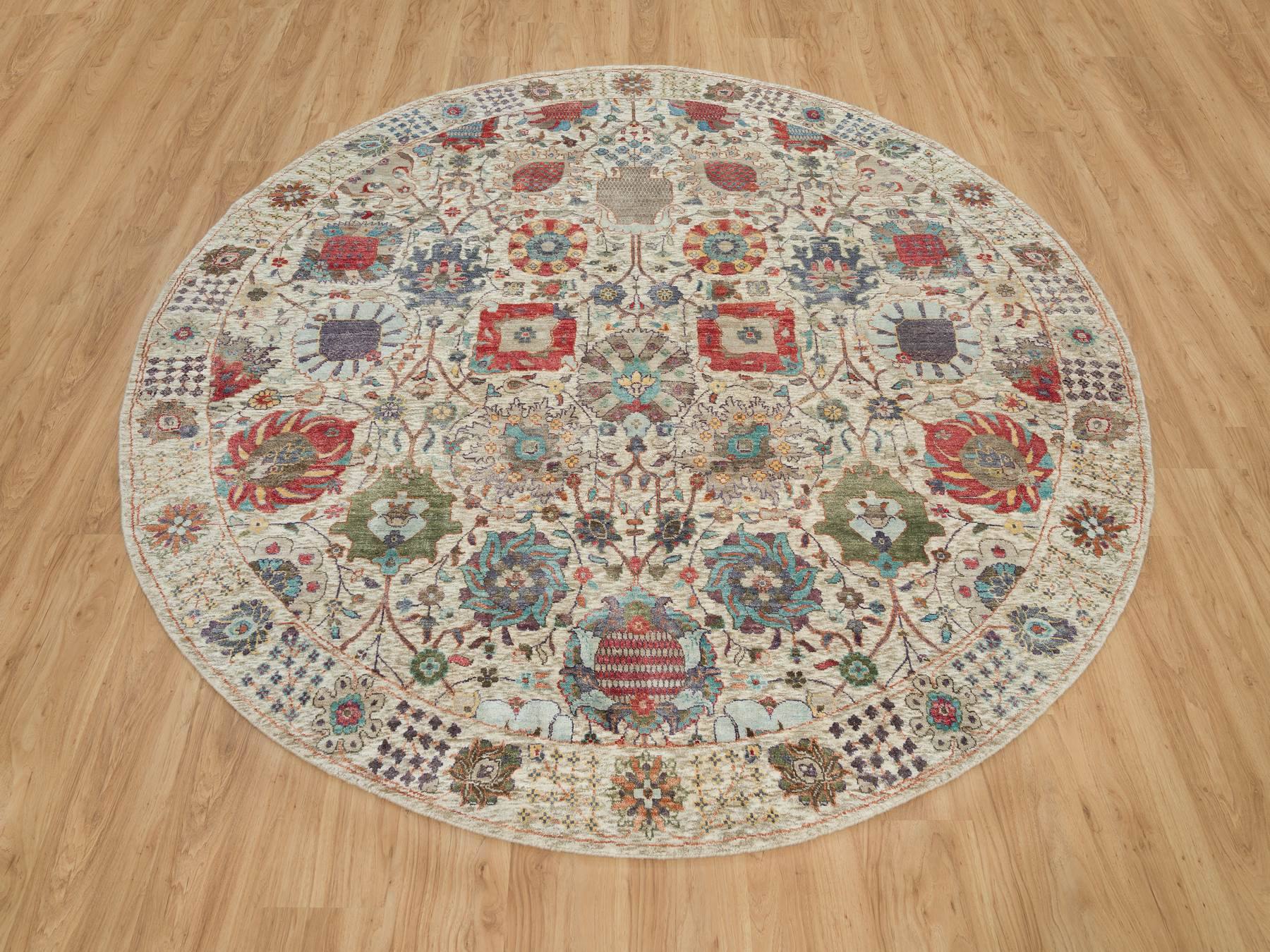 Tabriz Transitional hand-knotted wool/silk rug in Ivory, 8' x 8' — SKU O090261 (view 2)