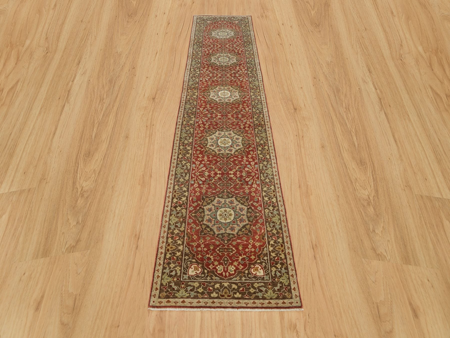 Tabriz Fine Oriental hand-knotted wool runner in Red & Brown, 2'7" x 12'4" — SKU O090282 (view 2)
