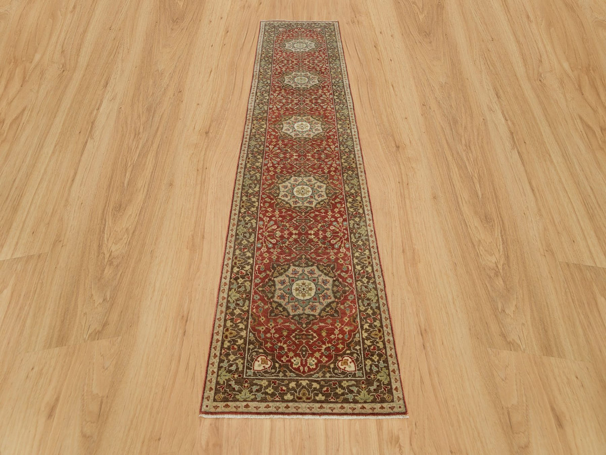 Tabriz Fine Oriental hand-knotted wool runner in Red & Brown, 2'7" x 12'4" — SKU O090282 (view 2)