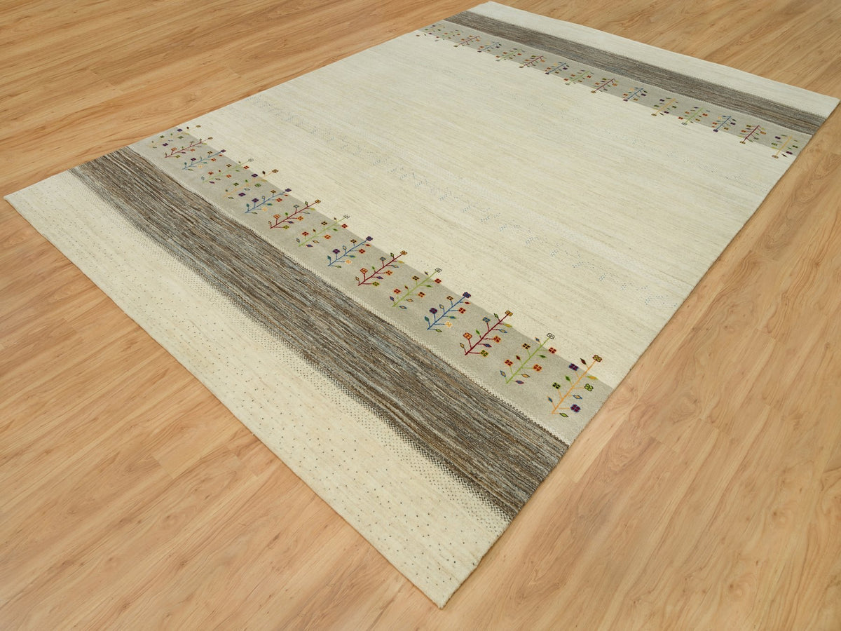 Gabbeh Modern / Contemporary hand-knotted wool rug in Ivory, 9'8" x 14' — SKU O090388 (view 3)