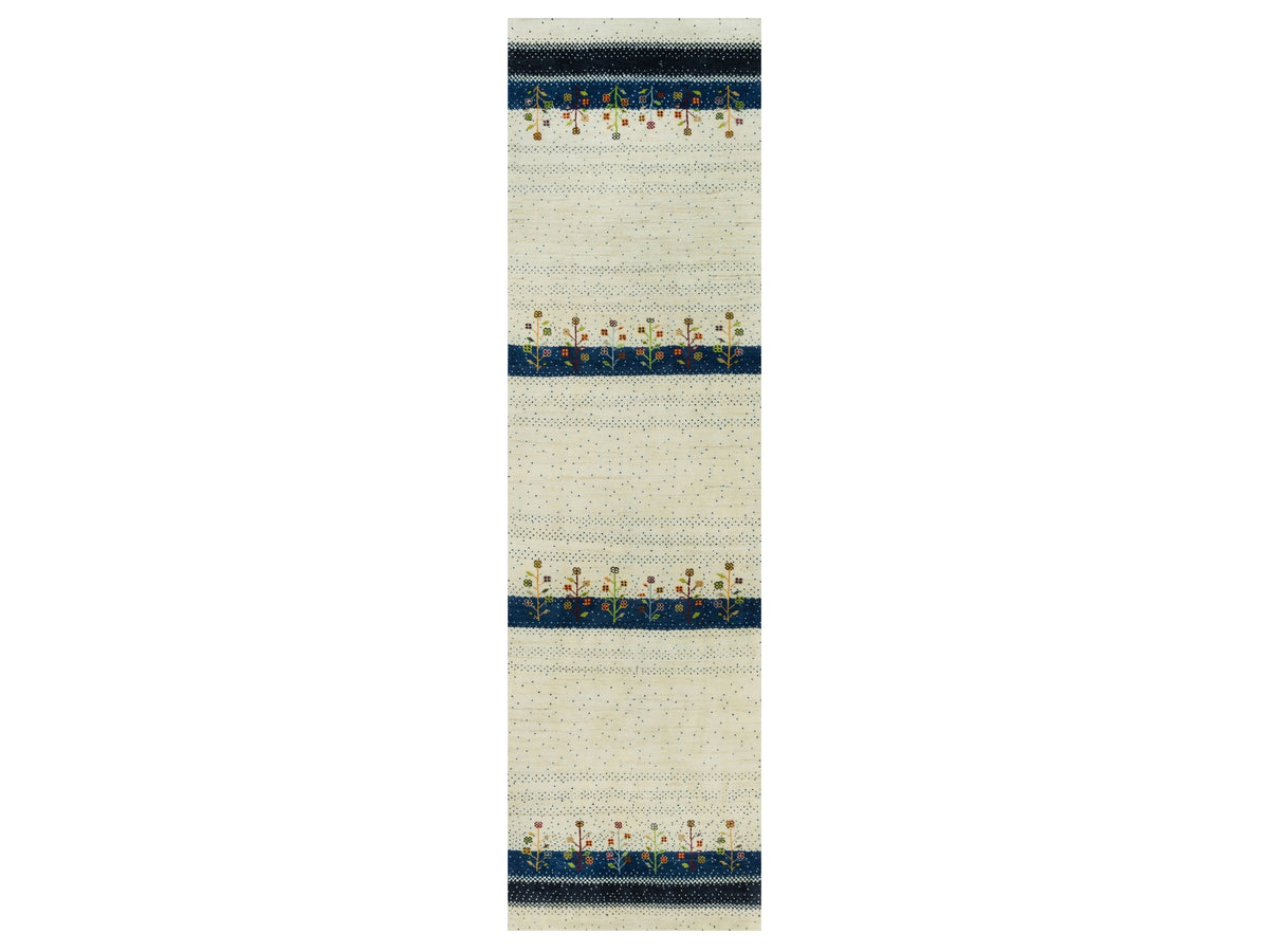 Gabbeh Modern / Contemporary hand-knotted wool runner in Ivory, 2'7" x 9'6" — SKU O090396