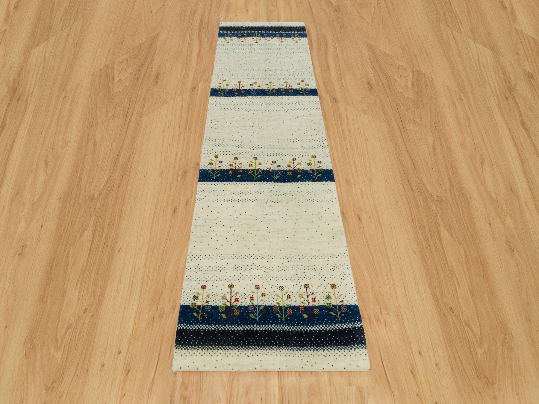 Gabbeh Modern / Contemporary hand-knotted wool runner in Ivory, 2'7" x 9'6" — SKU O090396 (view 2)