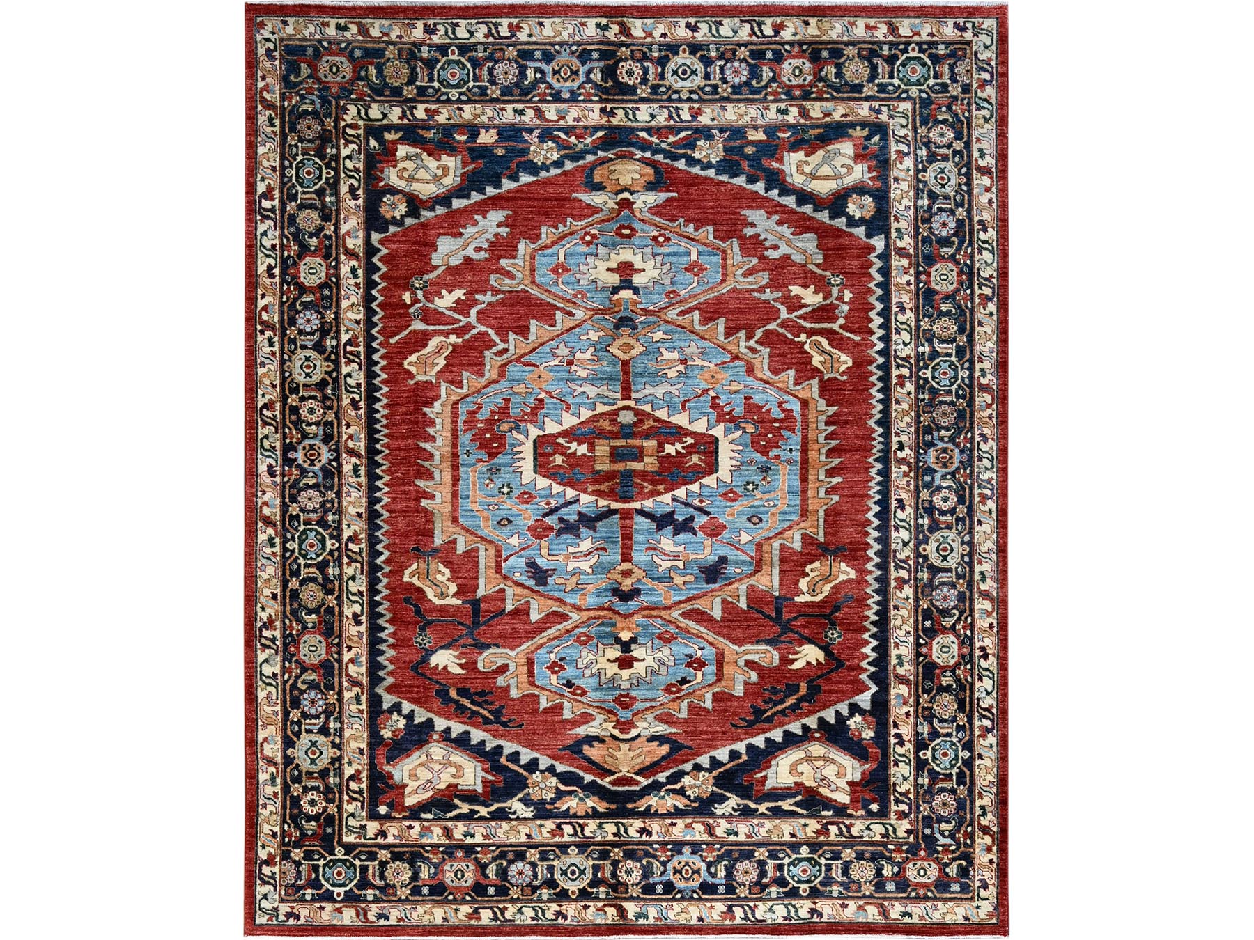 Heriz Oushak hand-knotted wool rug in Red & Midnight Blue, 8'1" x 9'8" — SKU O0903