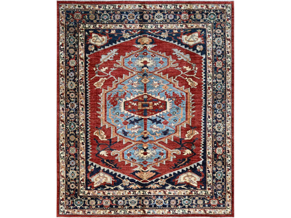 Heriz Oushak hand-knotted wool rug in Red & Midnight Blue, 8'1" x 9'8" — SKU O0903