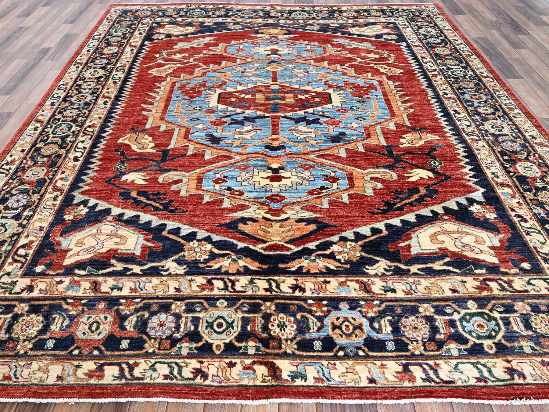 Heriz Oushak hand-knotted wool rug in Red & Midnight Blue, 8'1" x 9'8" — SKU O0903 (view 2)