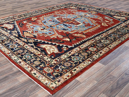 Heriz Oushak hand-knotted wool rug in Red & Midnight Blue, 8'1" x 9'8" — SKU O0903 (view 3)